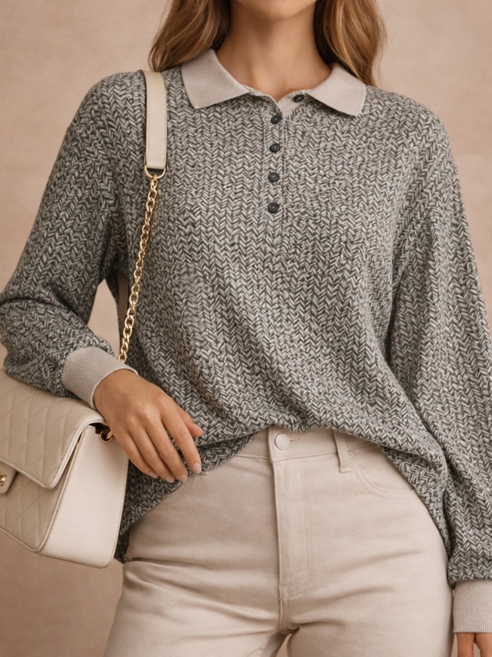 Woven Knit Polo Sweater in Heather Gray